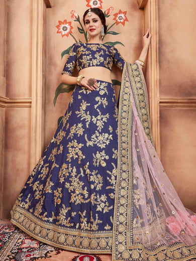 Awesome Navy Blue Sequins Embroidered Wedding Lehenga Choli